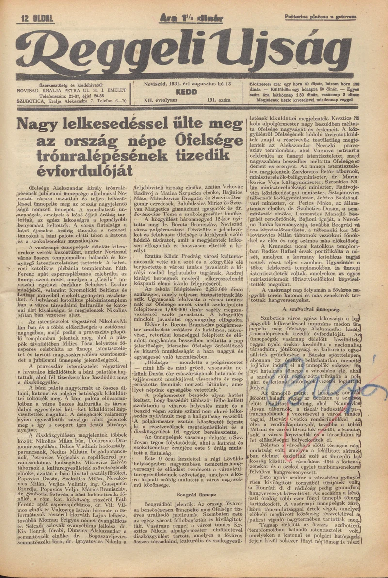 Reggeli Újság, 12. évf. 1931. augusztus 18. 191. sz.