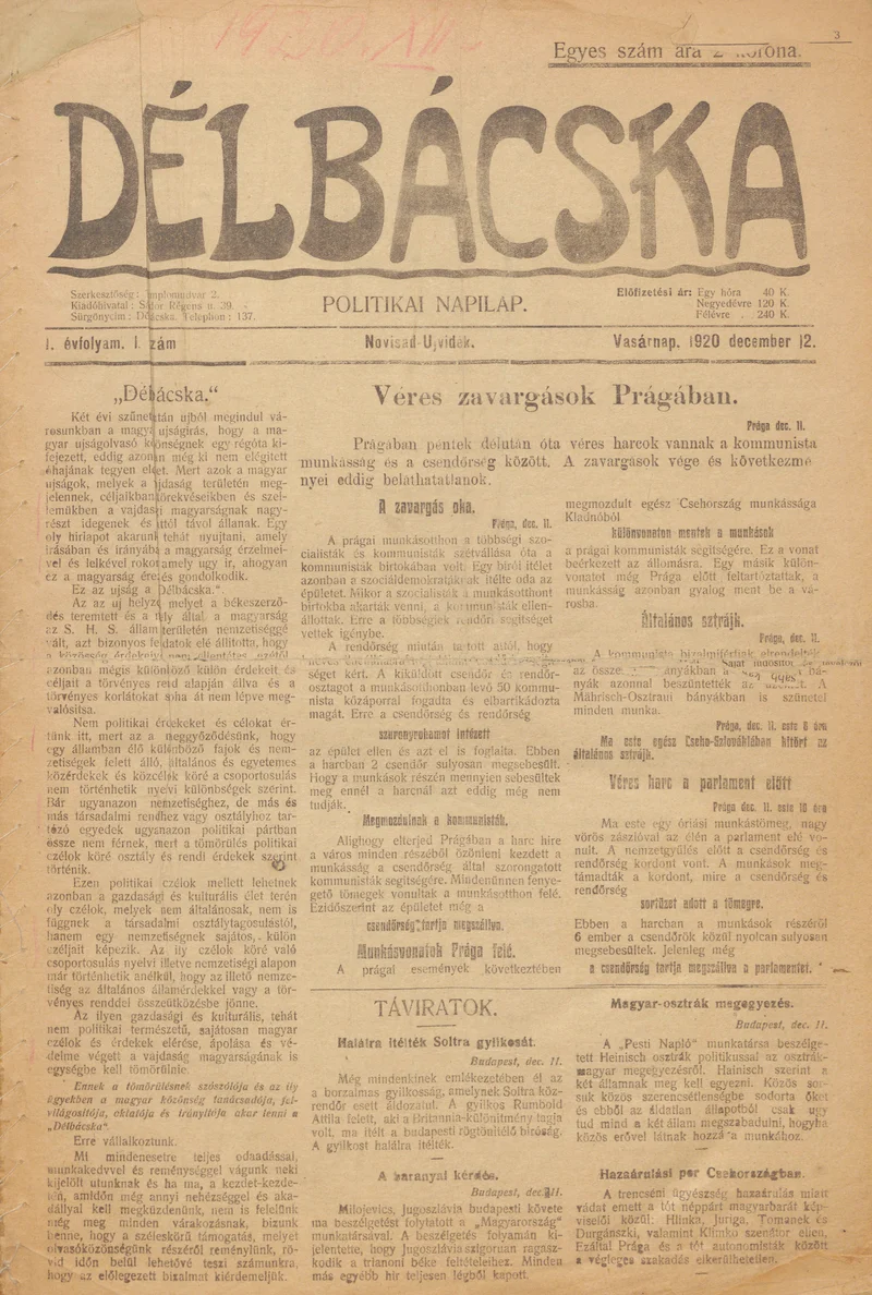 Délbácska, 1. évf. 1920. december 12. 1. sz.