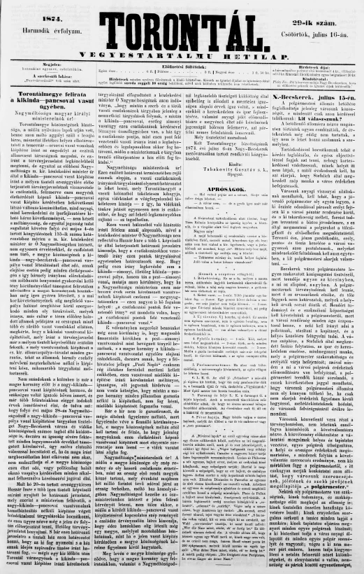 Torontál, 3. évf. 1874. július 16. 29. sz.
