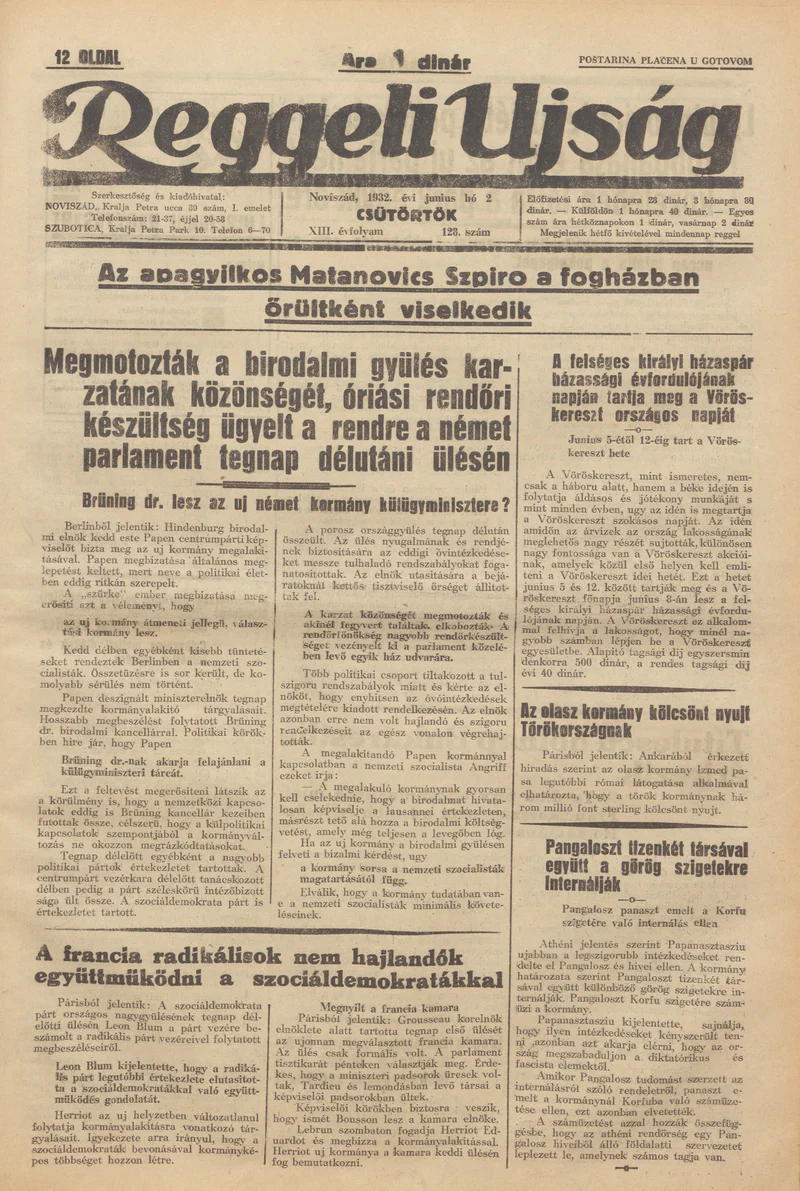 Reggeli Újság, 13. évf. 1932. június 2. 128. sz.