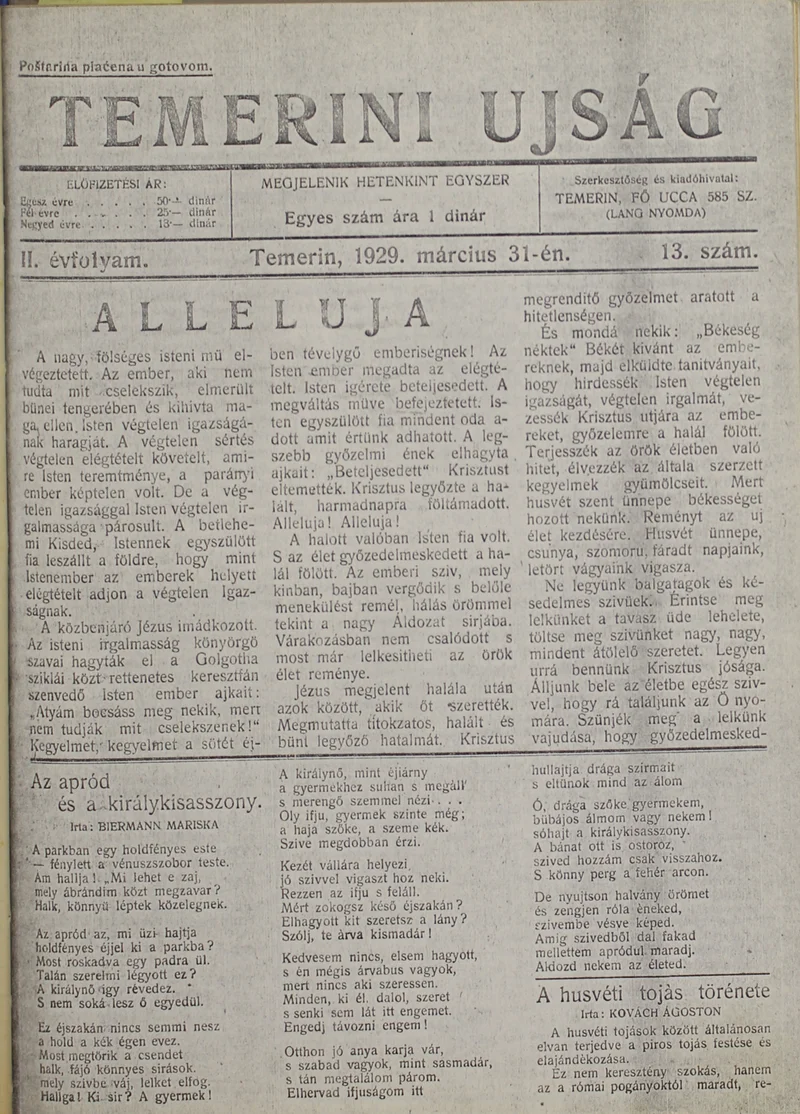 Temerini Újság 1928-1944, 2. évf. 1929. március 31. 13. sz.