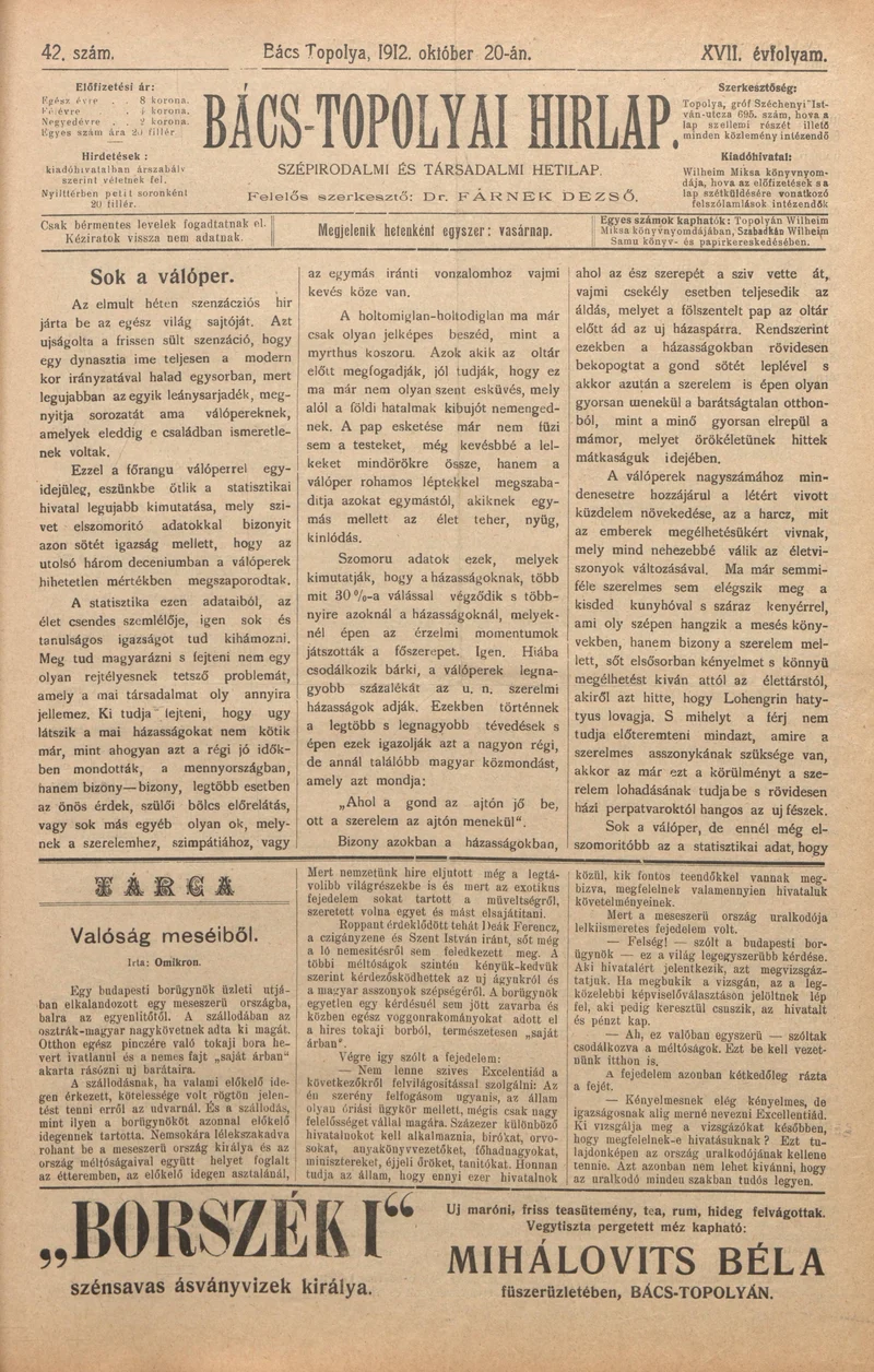Bács-Topolyai Hirlap, 17. évf. 1912. október 20. 42. sz.