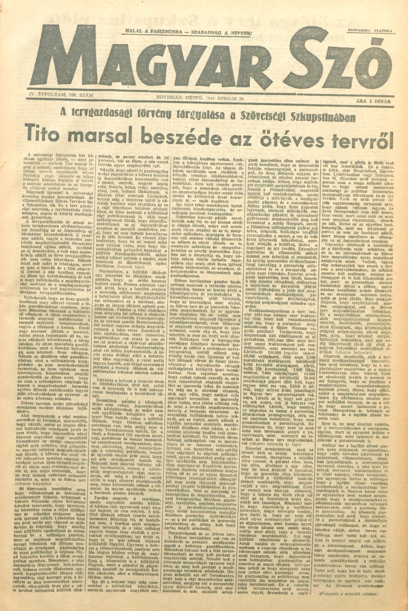 Magyar Szó, 4. évf. 1947. április 28. 109. sz. 1–6. oldal