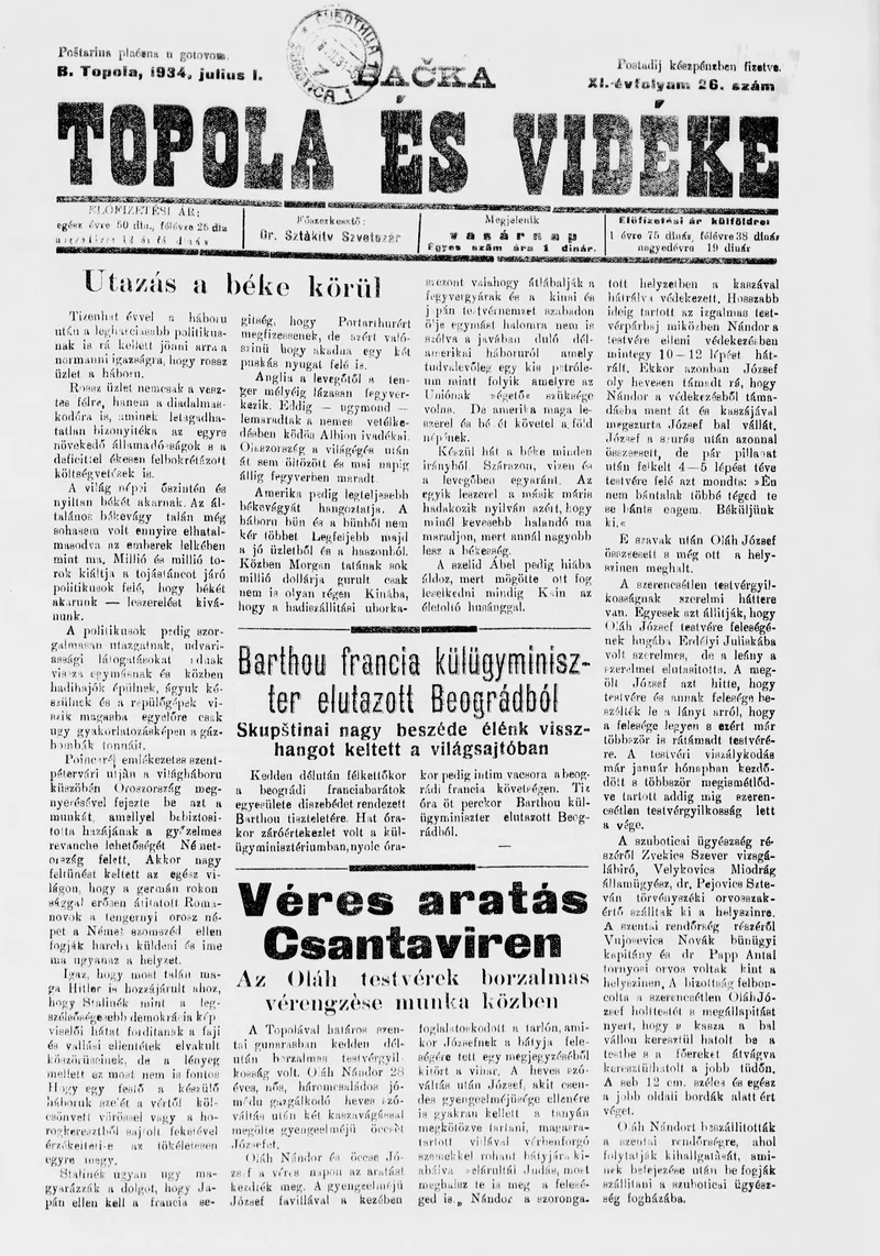 Bačka Topola és Vidéke, 11. évf. 1934. július 1. 26. sz.