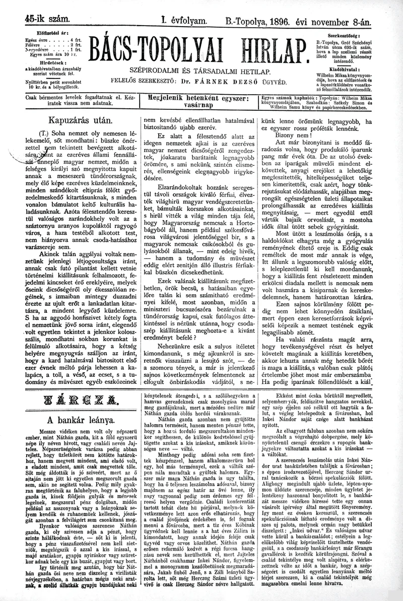 Bács-Topolyai Hirlap, 1. évf. 1896. november 8. 45. sz.