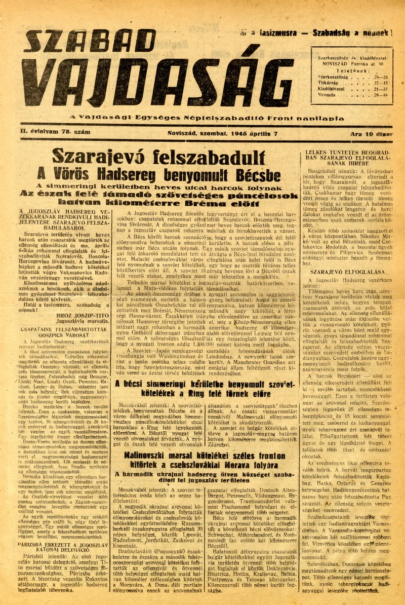 Szabad Vajdaság, 2. évf. 1945. április 7. 78. sz.