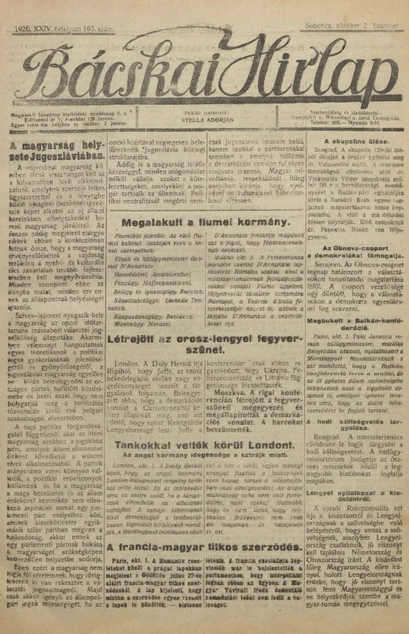 Bácskai Hirlap, 24. évf. 1920. október 2. 163. sz.