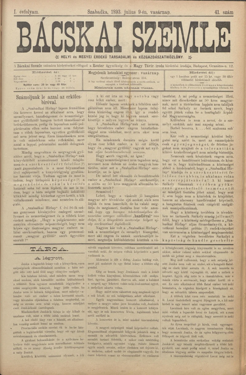 Bácskai Szemle, 1. évf. 1893. július 9. 41. sz.