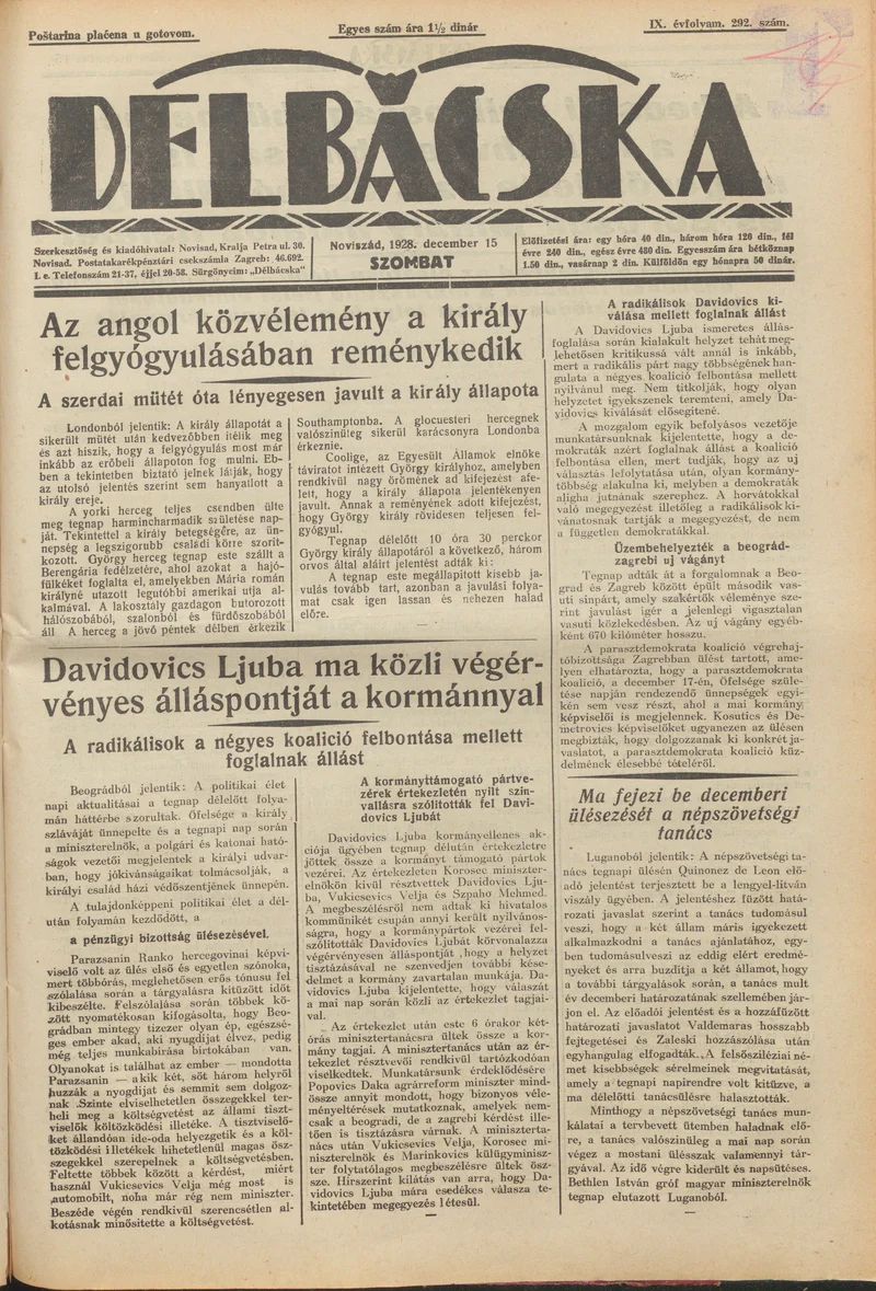Délbácska, 9. évf. 1928. december 15. 292. sz.