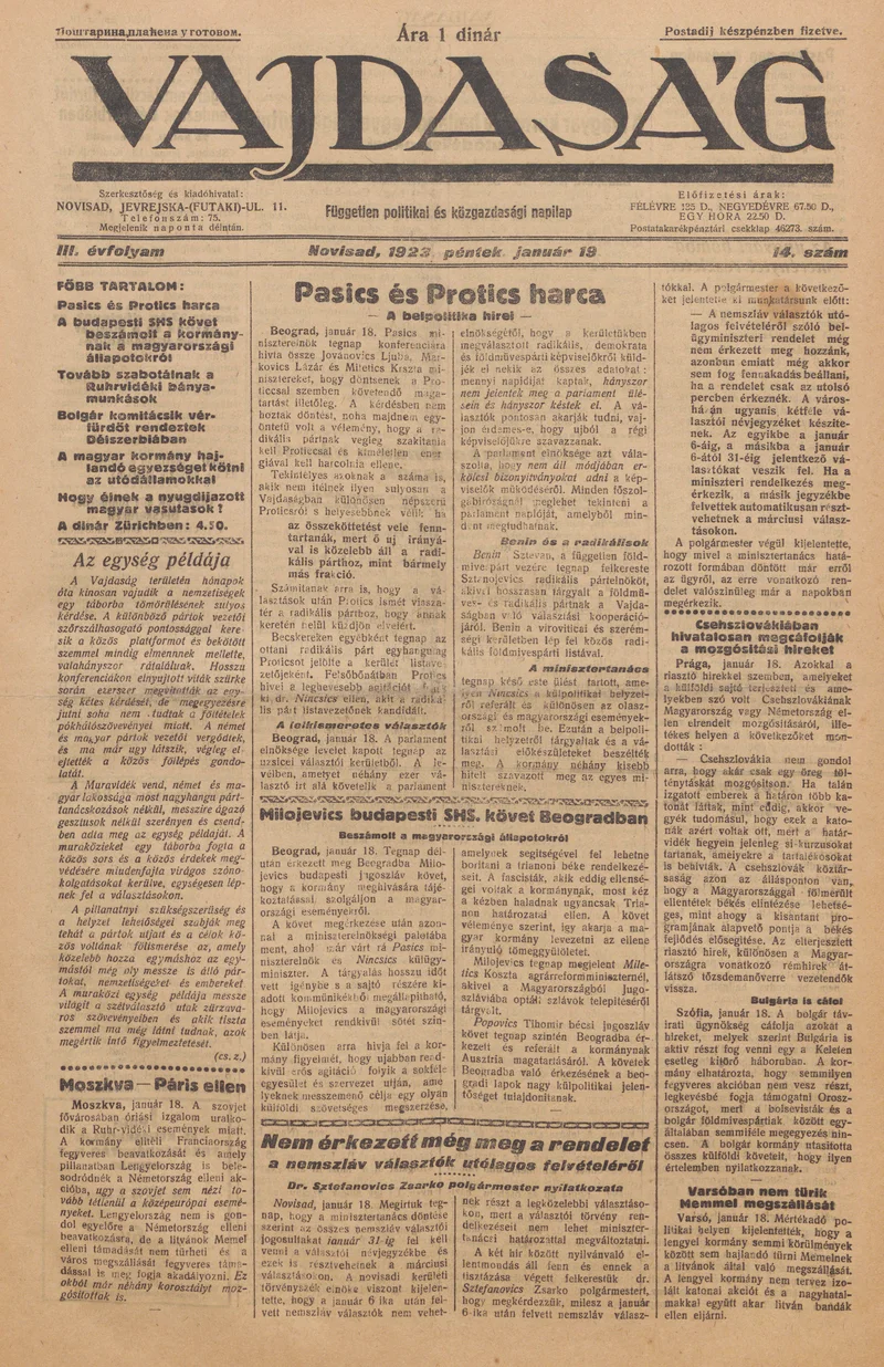 Vajdaság, 3. évf. 1923. január 19. 14. sz.
