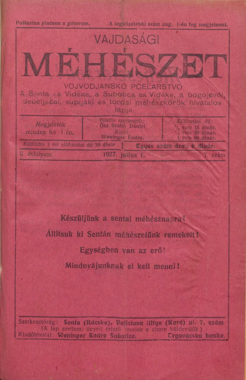 Vajdasági méhészet, 2. évf. 1927. július 1. 7. sz.