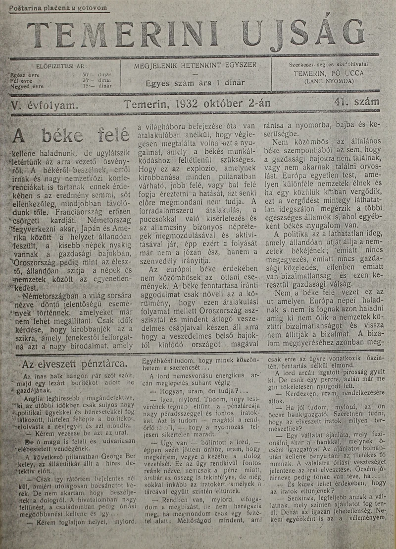 Temerini Újság 1928-1944, 5. évf. 1932. október 2. 41. sz.