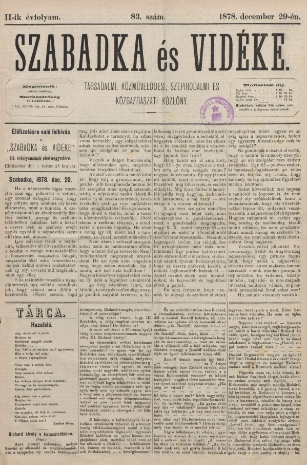 Szabadka és vidéke, 2. évf. 1878. december 29. 83. sz.
