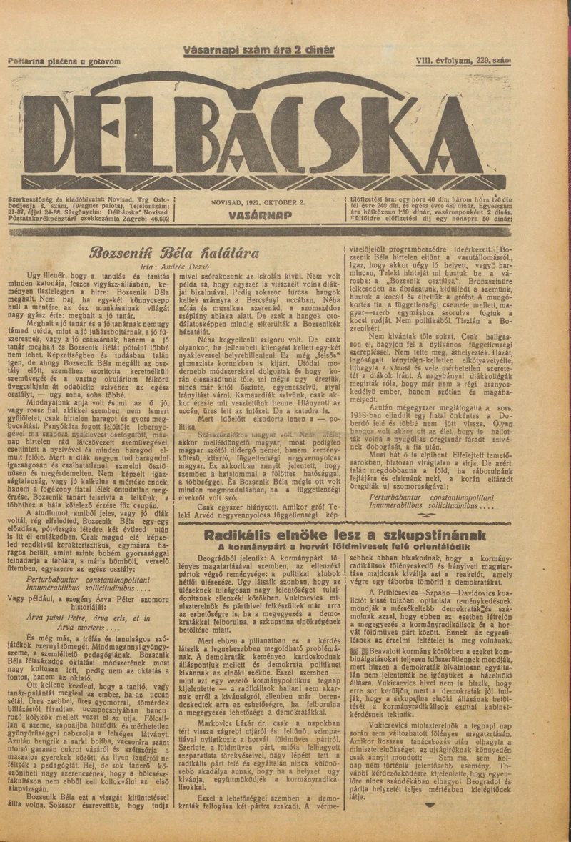 Délbácska, 8. évf. 1927. október 2. 229. sz.