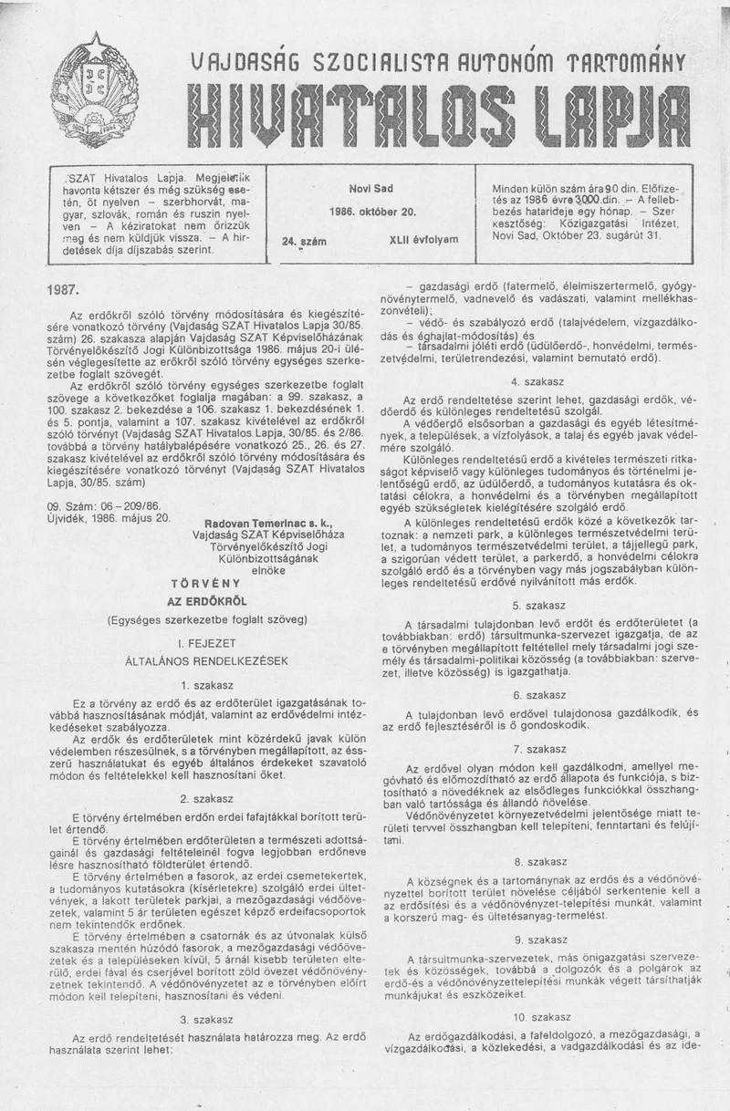 Vajdaság Szocialista Autonóm Tartomány Hivatalos Lapja, 42. évf. 1986. október 20. 24. sz.