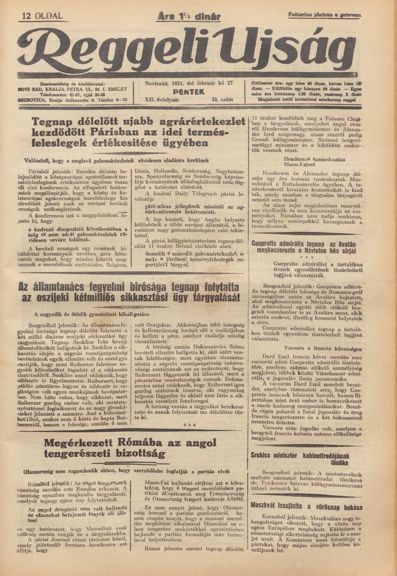 Reggeli Újság, 12. évf. 1931. február 27. 48. sz.