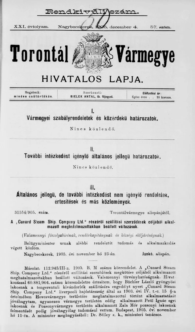 Torontál Vármegye Hivatalos Lapja, 21. évf. 1905. december 4. 57. sz.