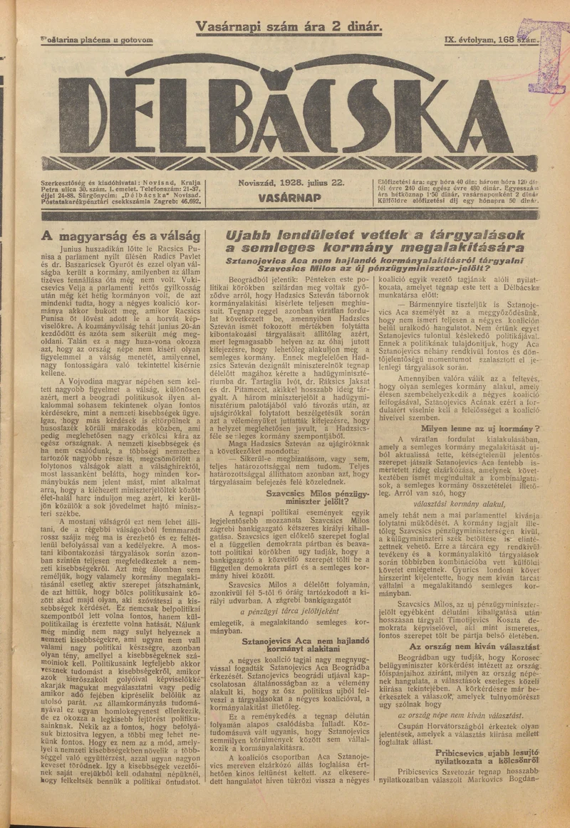 Délbácska, 9. évf. 1928. július 22. 168. sz.