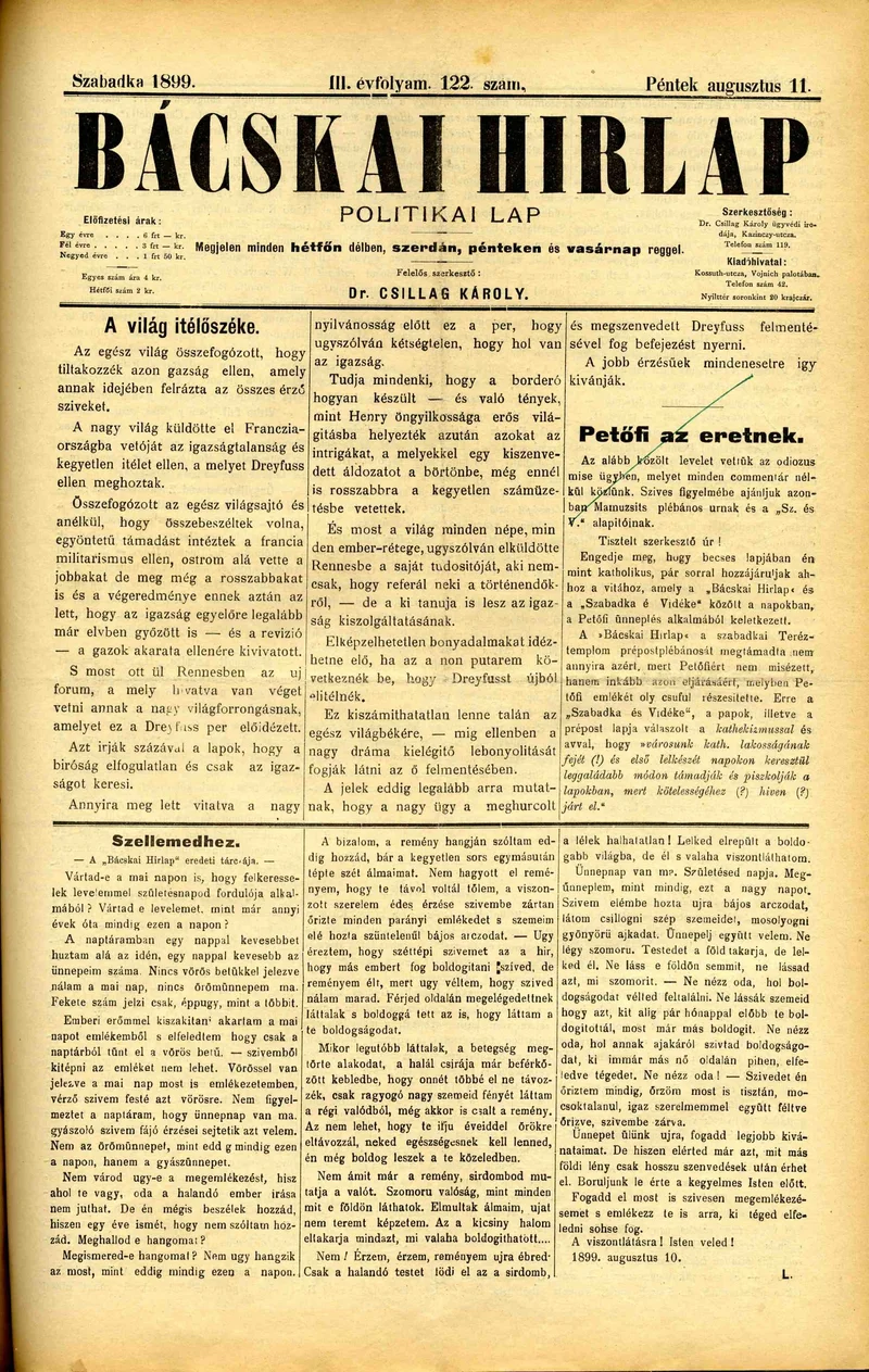 Bácskai Hirlap, 3. évf. 1899. augusztus 11. 122. sz.