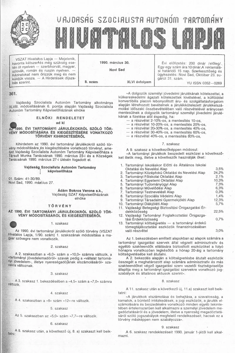 Vajdaság Szocialista Autonóm Tartomány Hivatalos Lapja, 46. évf. 1990. március 30. 8. sz.