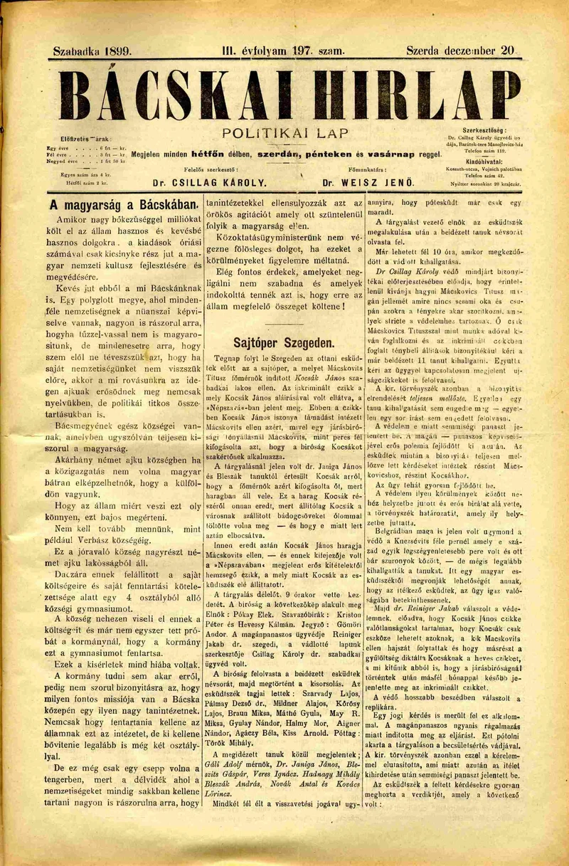 Bácskai Hirlap, 3. évf. 1899. december 20. 197. sz.