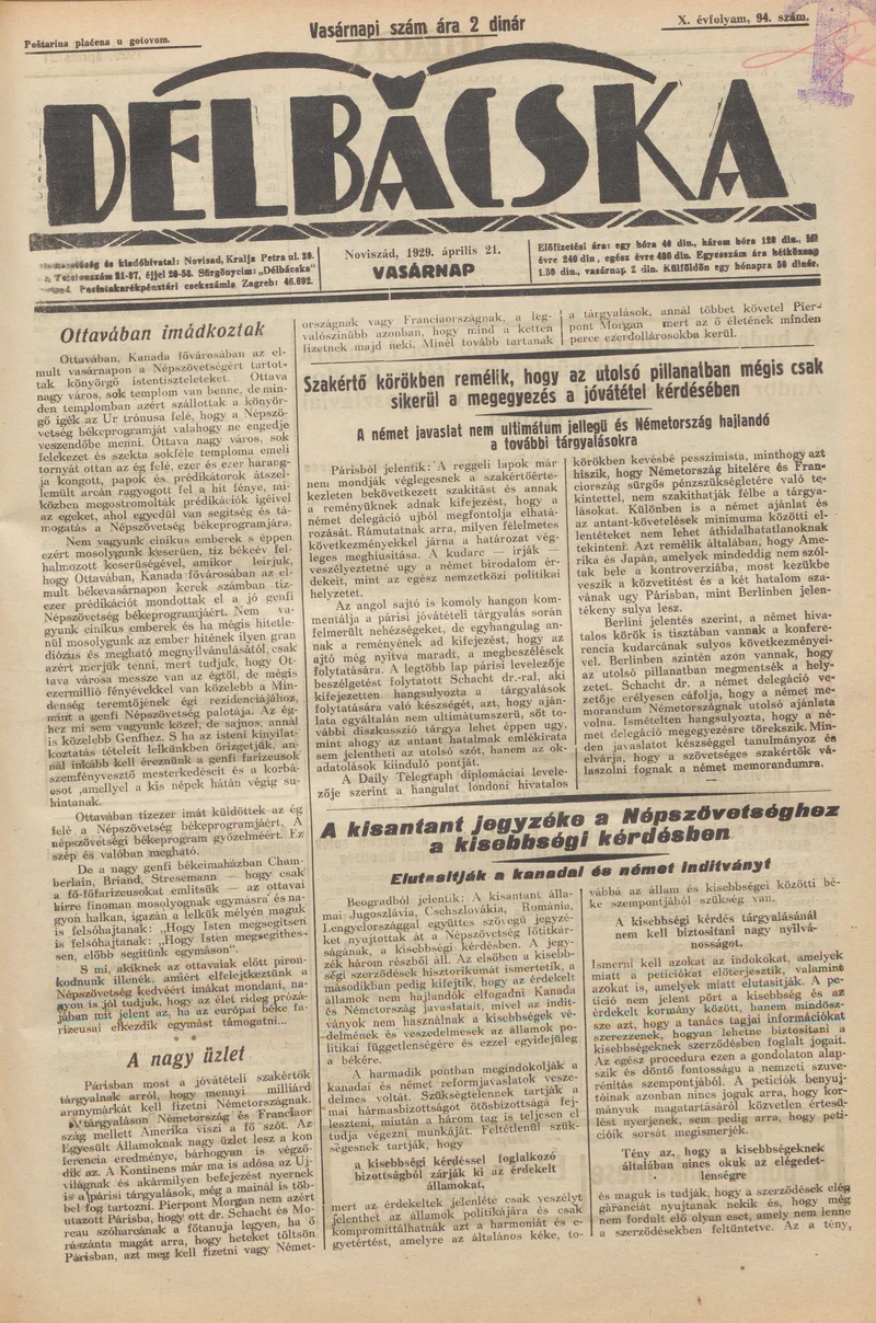 Délbácska, 10. évf. 1929. április 21. 94. sz.