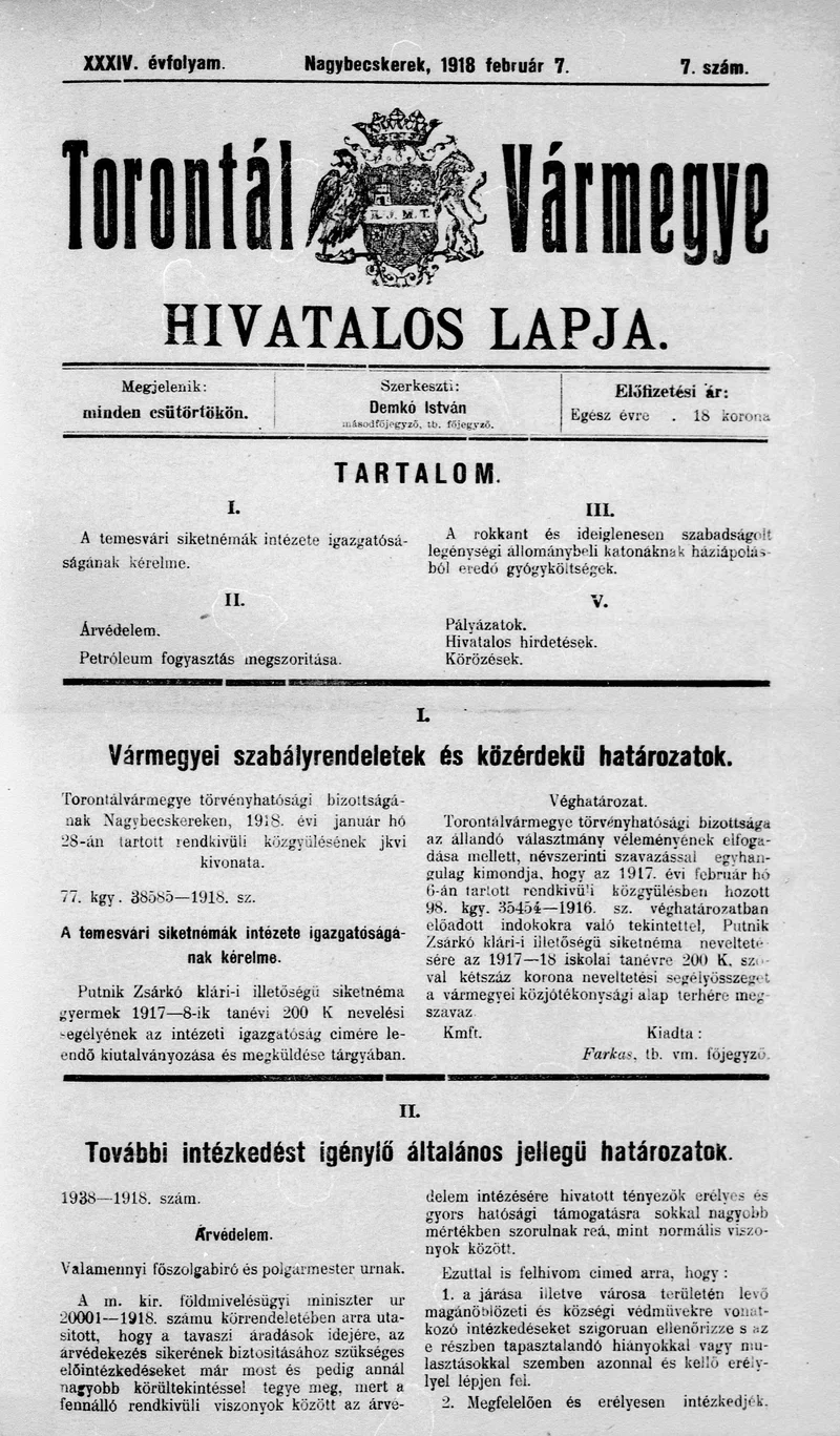 Torontál Vármegye Hivatalos Lapja, 34. évf. 1918. február 7. 7. sz.