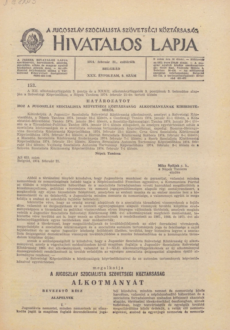 A Jugoszláv Szocialista Szövetségi Köztársaság Hivatalos Lapja, 30. évf. 1973. február 21. 9. sz. 209–272. oldal