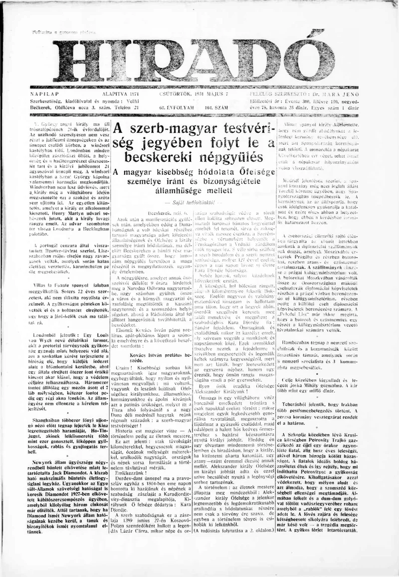 Híradó, 60. évf. 1931. május 7. 104. sz.
