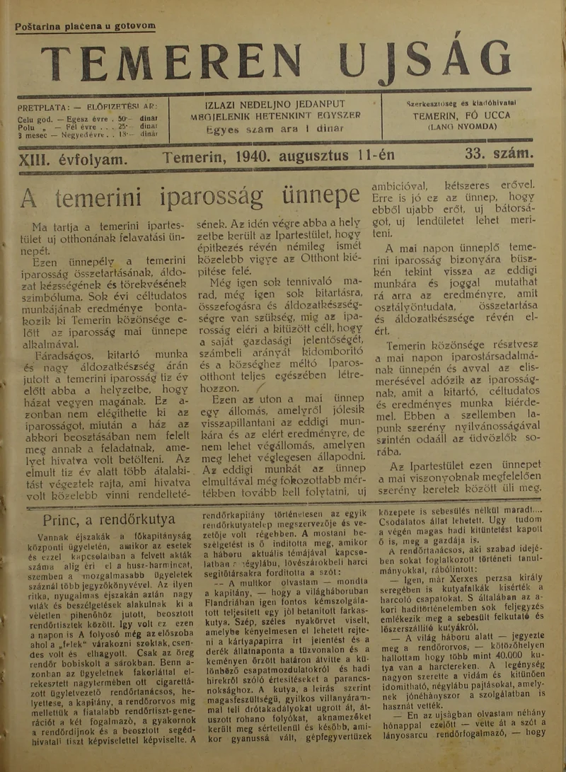 Temerini Újság 1928-1944, 13. évf. 1940. augusztus 11. 33. sz.