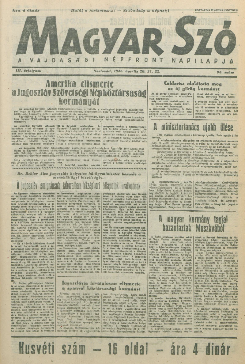 Magyar Szó, 3. évf. 1946. április 20. – 22. 95. sz. 1–16. oldal
