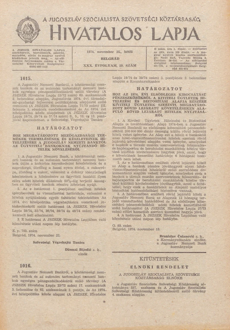 A Jugoszláv Szocialista Szövetségi Köztársaság Hivatalos Lapja, 30. évf. 1974. november 25. 59. sz. 1837–1940. oldal