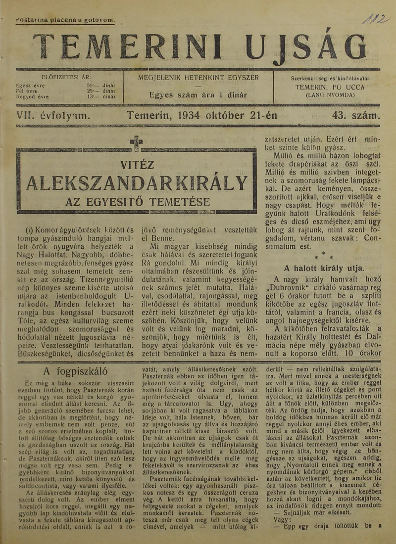 Temerini Újság 1928-1944, 7. évf. 1934. október 21. 43. sz.