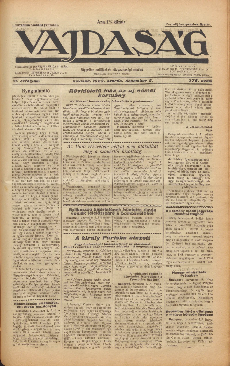 Vajdaság, 3. évf. 1923. december 5. 276. sz.