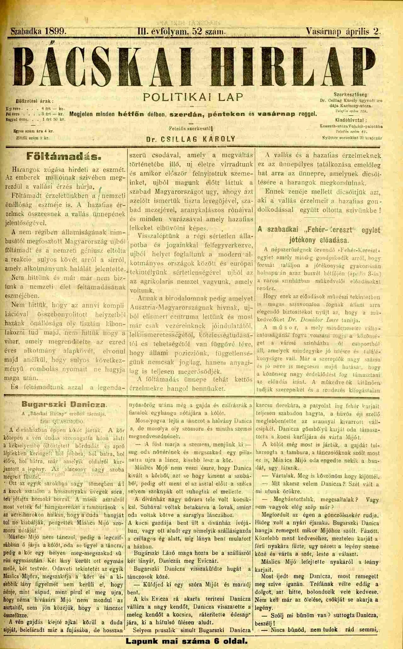 Bácskai Hirlap, 3. évf. 1899. április 2. 52. sz.