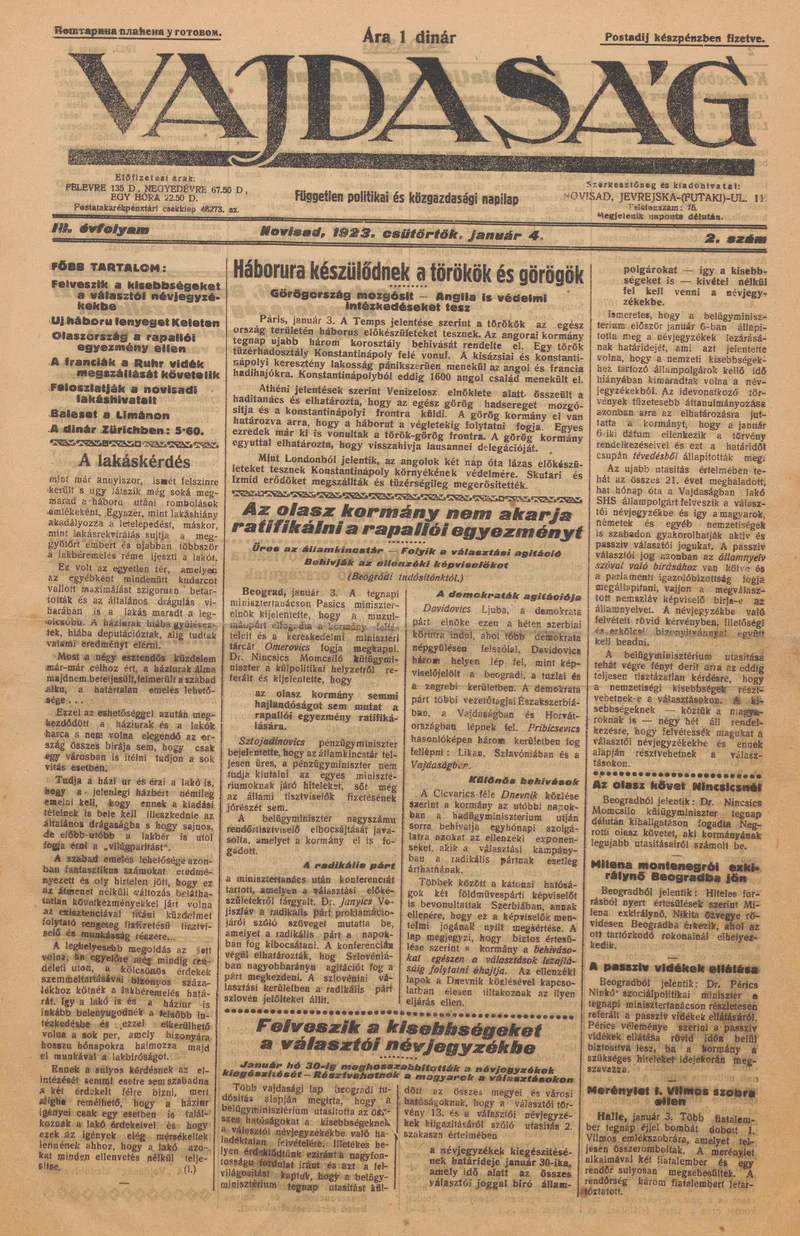 Vajdaság, 3. évf. 1923. január 4. 2. sz.