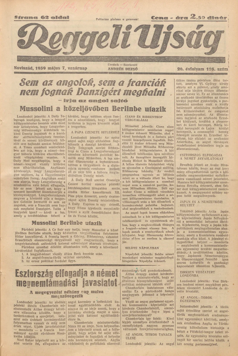 Reggeli Újság, 20. évf. 1939. május 7. 125. sz.
