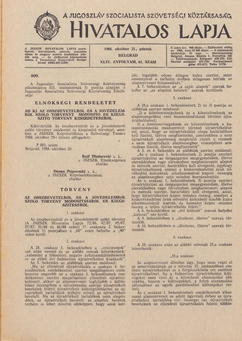 A Jugoszláv Szocialista Szövetségi Köztársaság Hivatalos Lapja, 44. évf. 1988. október 21. 61. sz. 1565–1588. oldal