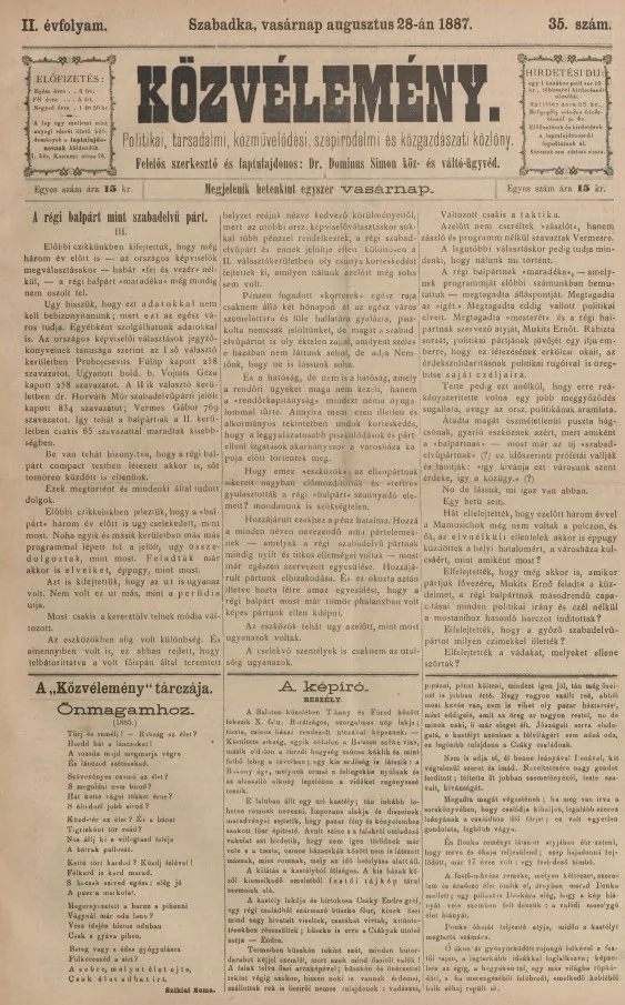 Közvélemény, 2. évf. 1887. augusztus 28. 35. sz.