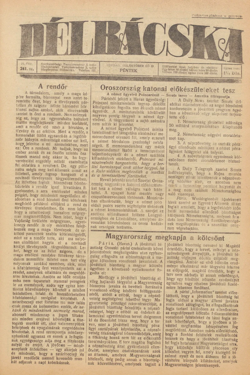 Délbácska, 4. évf. 1923. október 19. 241. sz.