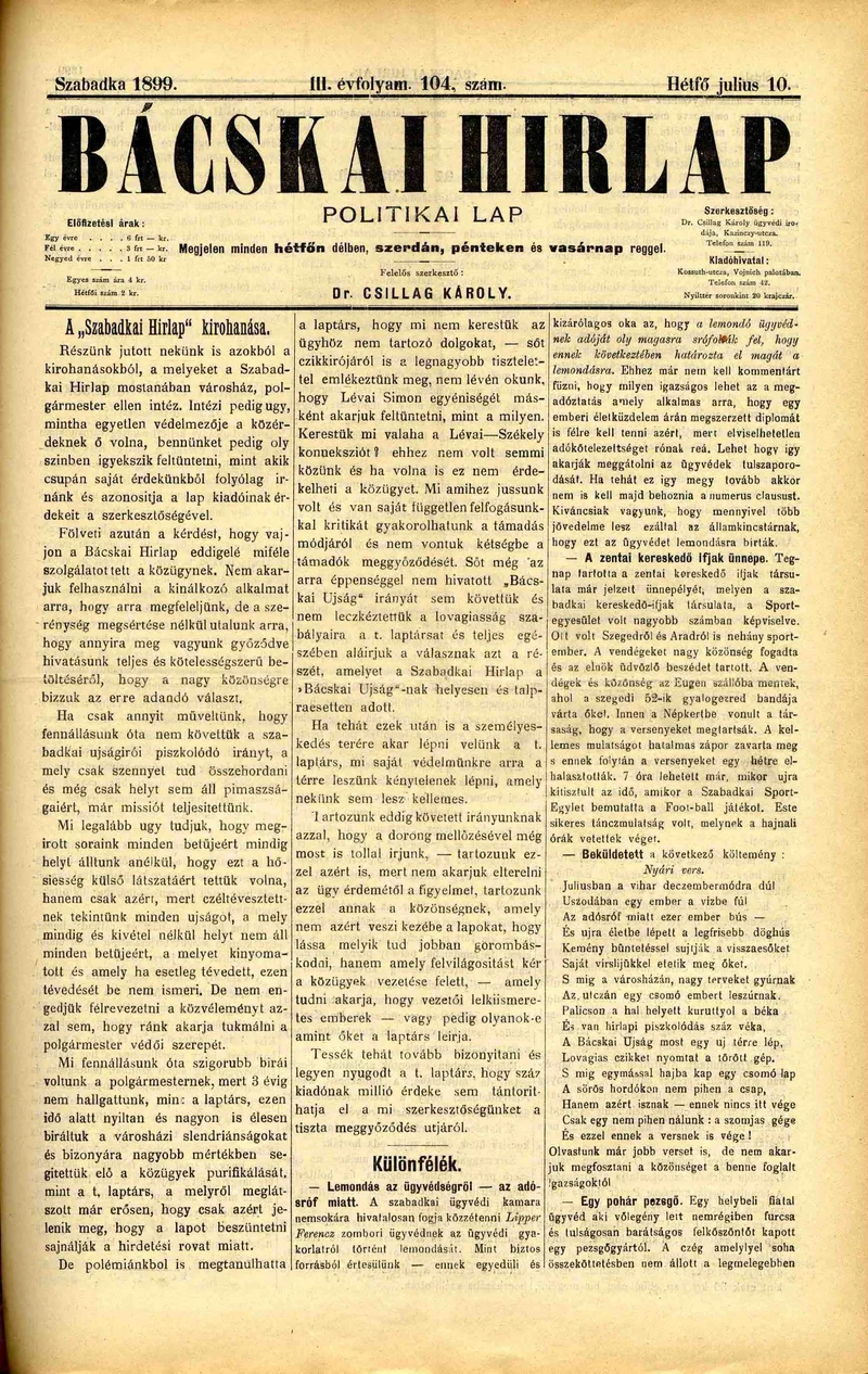 Bácskai Hirlap, 3. évf. 1899. július 10. 104. sz.