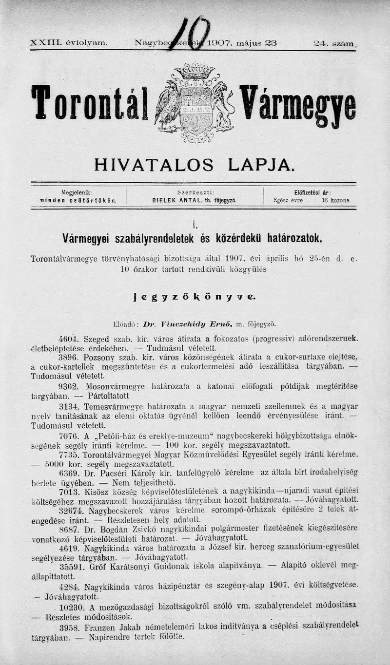 Torontál Vármegye Hivatalos Lapja, 23. évf. 1907. május 23. 24. sz.