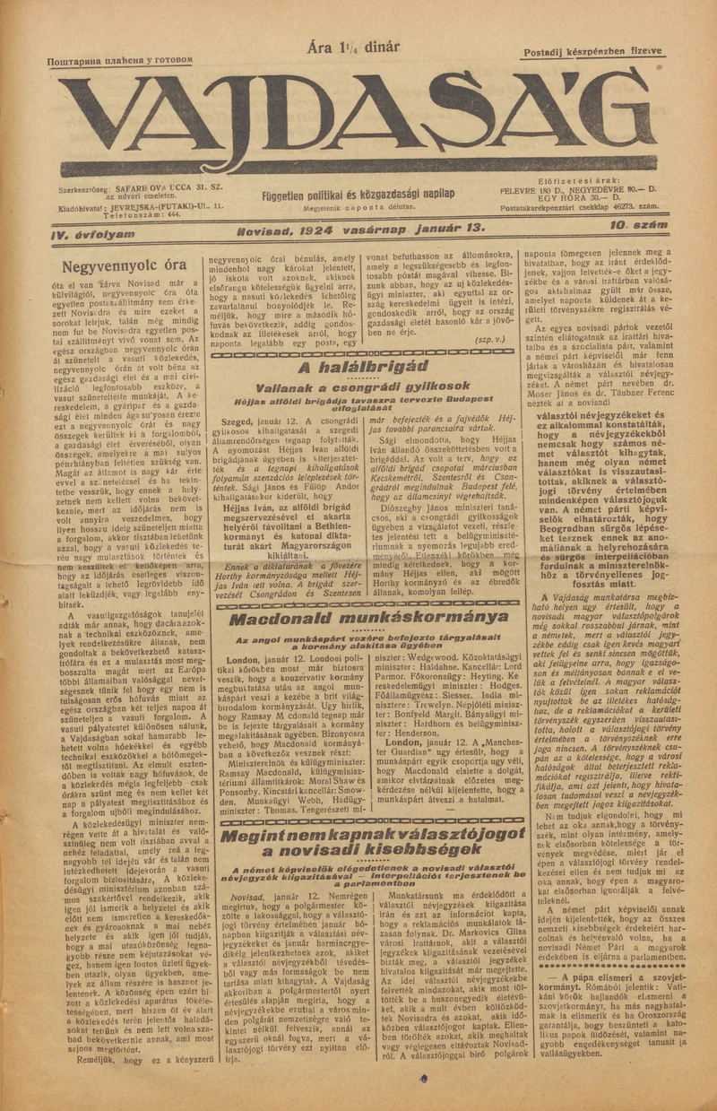 Vajdaság, 4. évf. 1924. január 13. 10. sz.