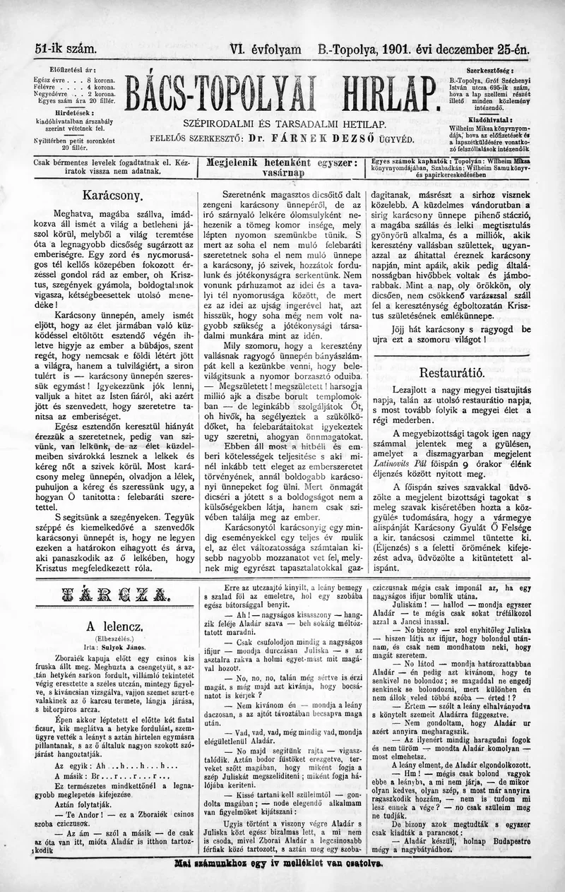 Bács-Topolyai Hirlap, 6. évf. 1901. december 25. 51. sz.
