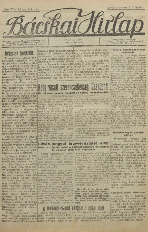 Bácskai Hirlap, 24. évf. 1920. október 7. 167. sz.