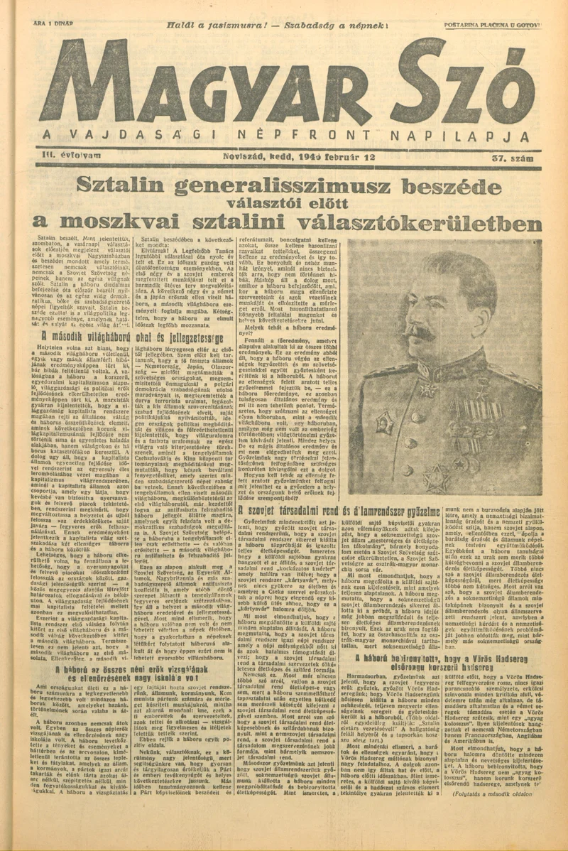 Magyar Szó, 3. évf. 1946. február 12. 37. sz. 1–6. oldal