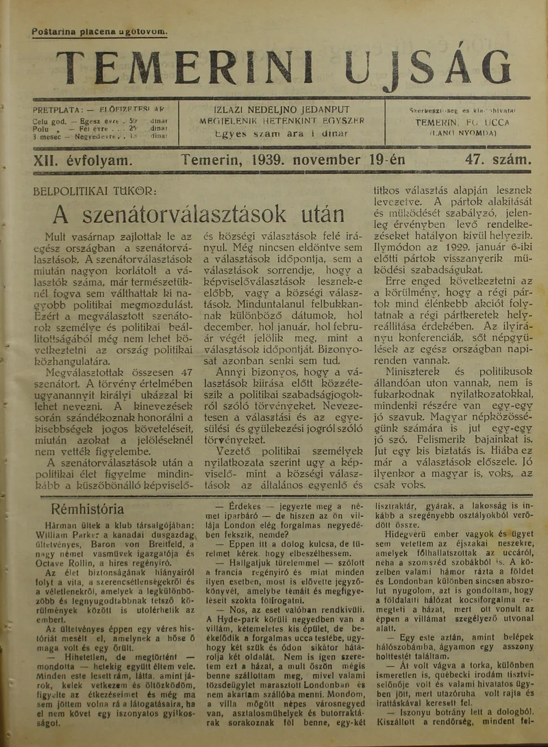 Temerini Újság 1928-1944, 12. évf. 1939. november 19. 47. sz.