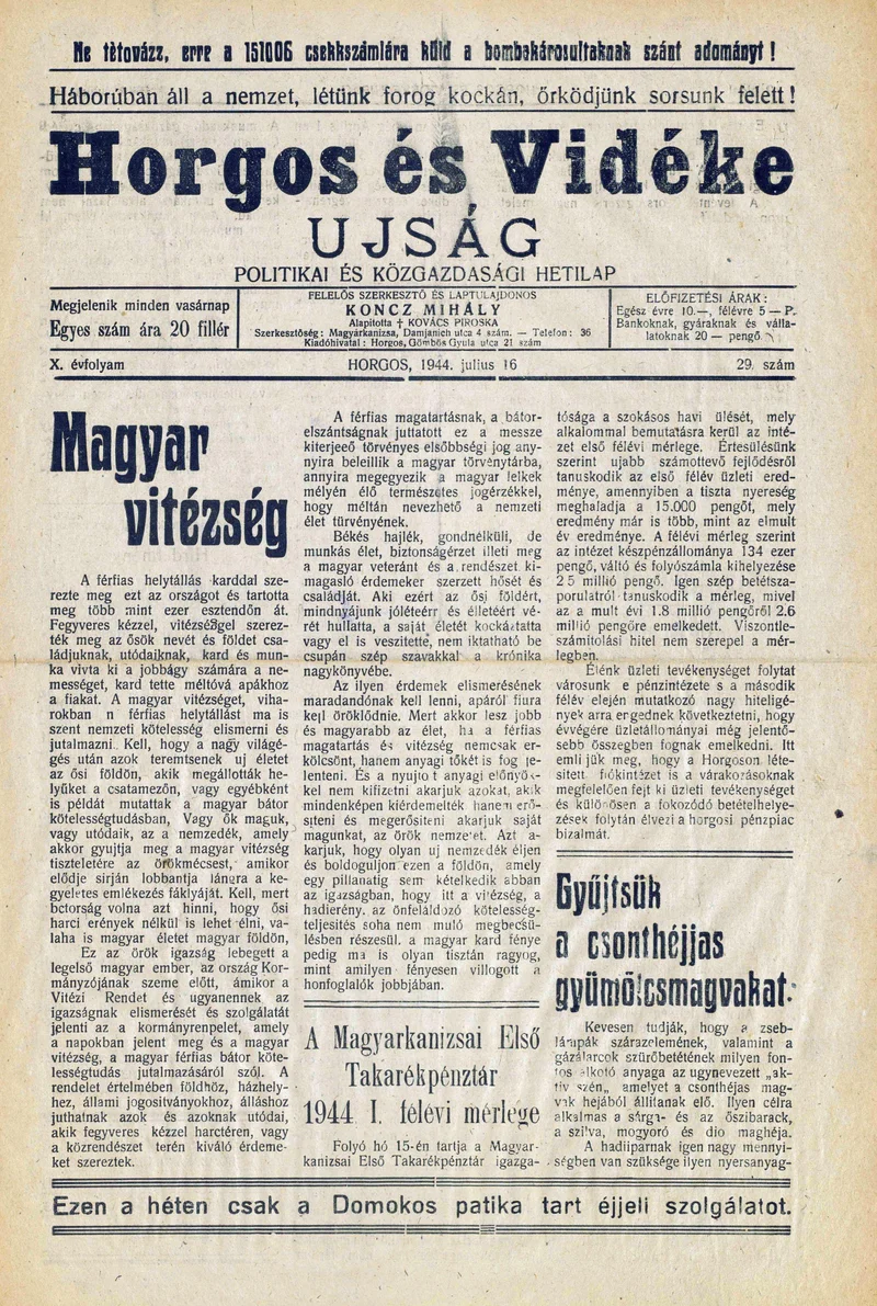 Horgos és vidéke, 9. évf. 1944. július 16. 29. sz.