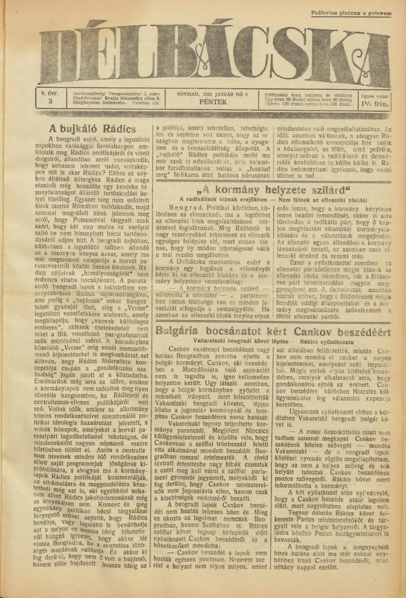 Délbácska, 5. évf. 1924. január 4. 3. sz.