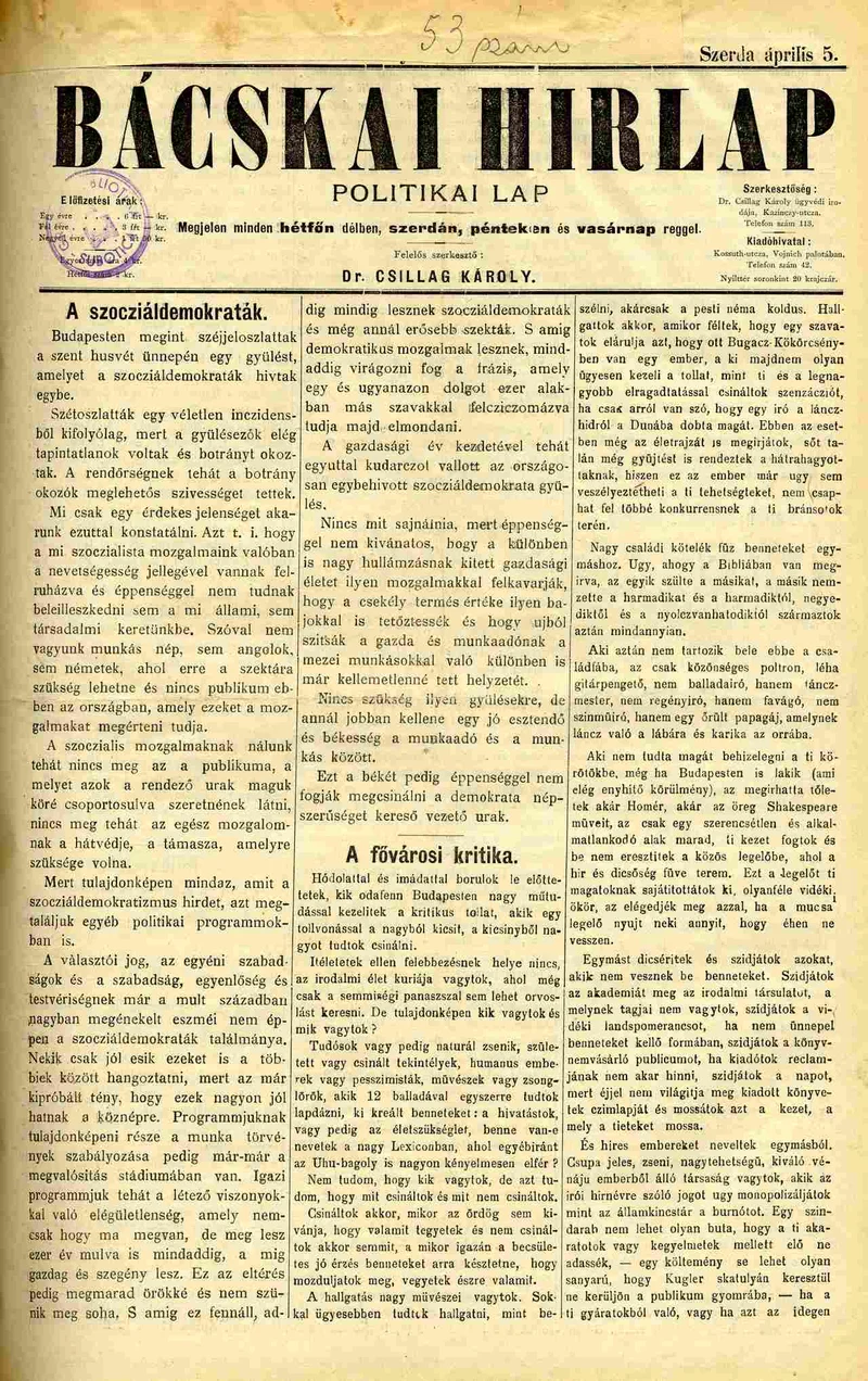 Bácskai Hirlap, 3. évf. 1899. április 5. 53. sz.
